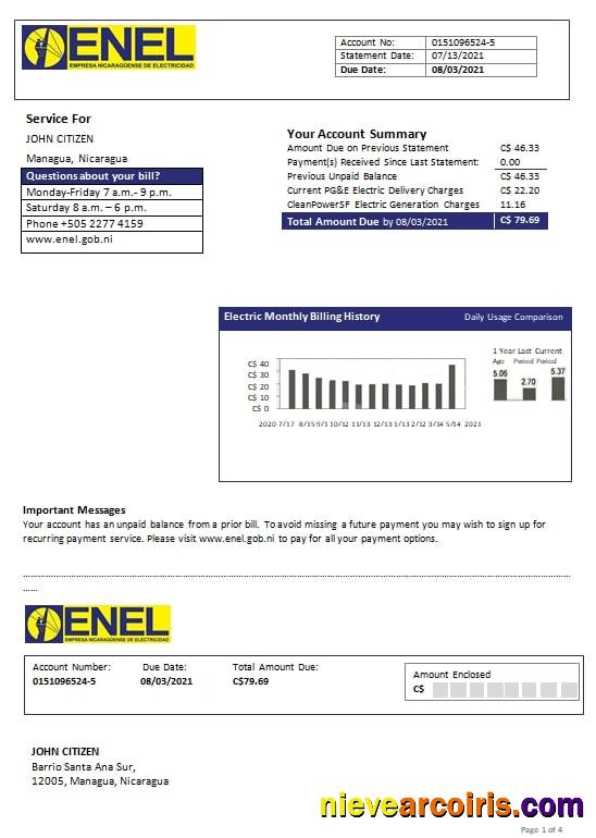 Nicaragua Nicaraguan Electricity Company ENEL electricity utility bill